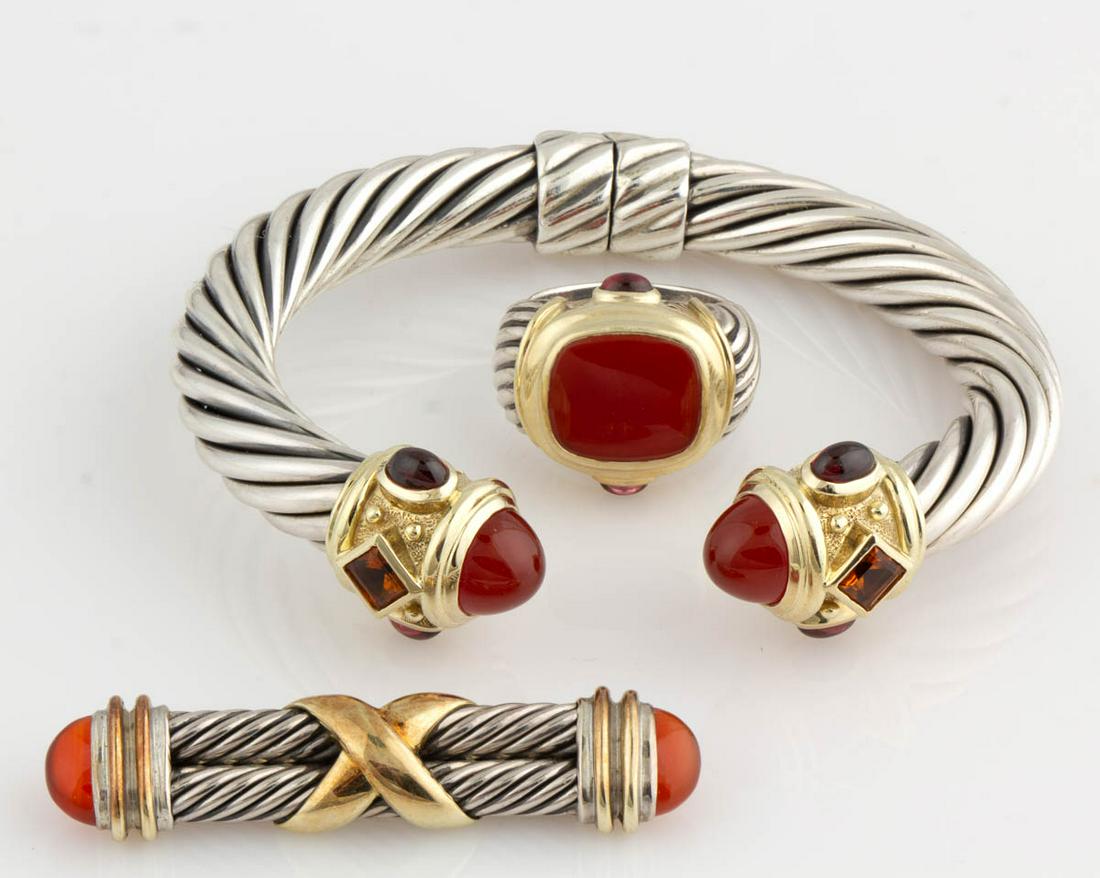 DAVID YURMAN STERLING SILVER, 14K GOLD-ACCENTED, AND: DAVID YURMAN STERLING SILVER, 14K GOLD-ACCENTED, AND CARNELIAN JEWELRY ARTICLES, LOT OF THREE, each having cable design with carnelian stones, comprising a hinged "Renaissance" bangle bracelet with rh