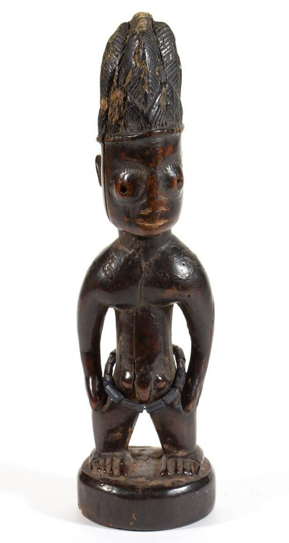 WEST AFRICAN, IBEJI, NIGERIA CARVED WOODEN FIGURE: WEST AFRICAN, IBEJI, NIGERIA CARVED WOODEN FIGURE, depicting a male child, possibly one of a twin, wearing a headdress, belt of beads around waist, outstanding original dark patina. Reserve. Yoruba cu
