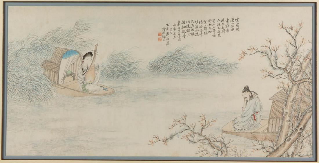 CHINESE SCROLL PAINTING: CHINESE SCROLL PAINTING, ink and watercolor on paper, depicting a romantic scene featuring a man and a woman playing a pipa on separate boats with calligraphy at the top center. Stamped with two seals
