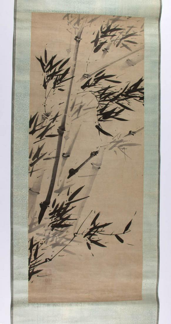 IKE TAIGA (JAPANESE, 1723-1776), ATTRIBUTED, BAMBOO: IKE TAIGA (JAPANESE, 1723-1776), ATTRIBUTED, BAMBOO SCROLL PAINTING, ink on paper, depicting bamboo canes and leaves, including a wooden storage box. Stamped with two seals, comes with a "Certificate