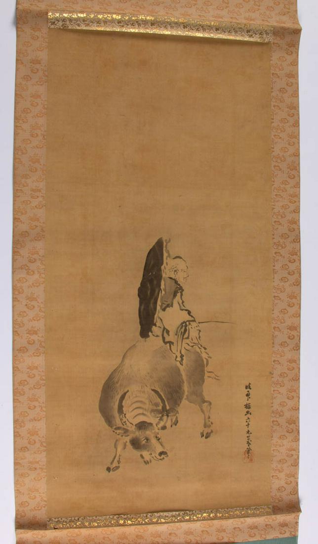 JAPANESE SILK SCROLL PAINTING: JAPANESE SILK SCROLL PAINTING, ink on silk, depicting a man on an ox with calligraphy along right edge, including a wooden storage box. Stamped with a seal. Probably 19th century. 18 1/2" x 39" sight,