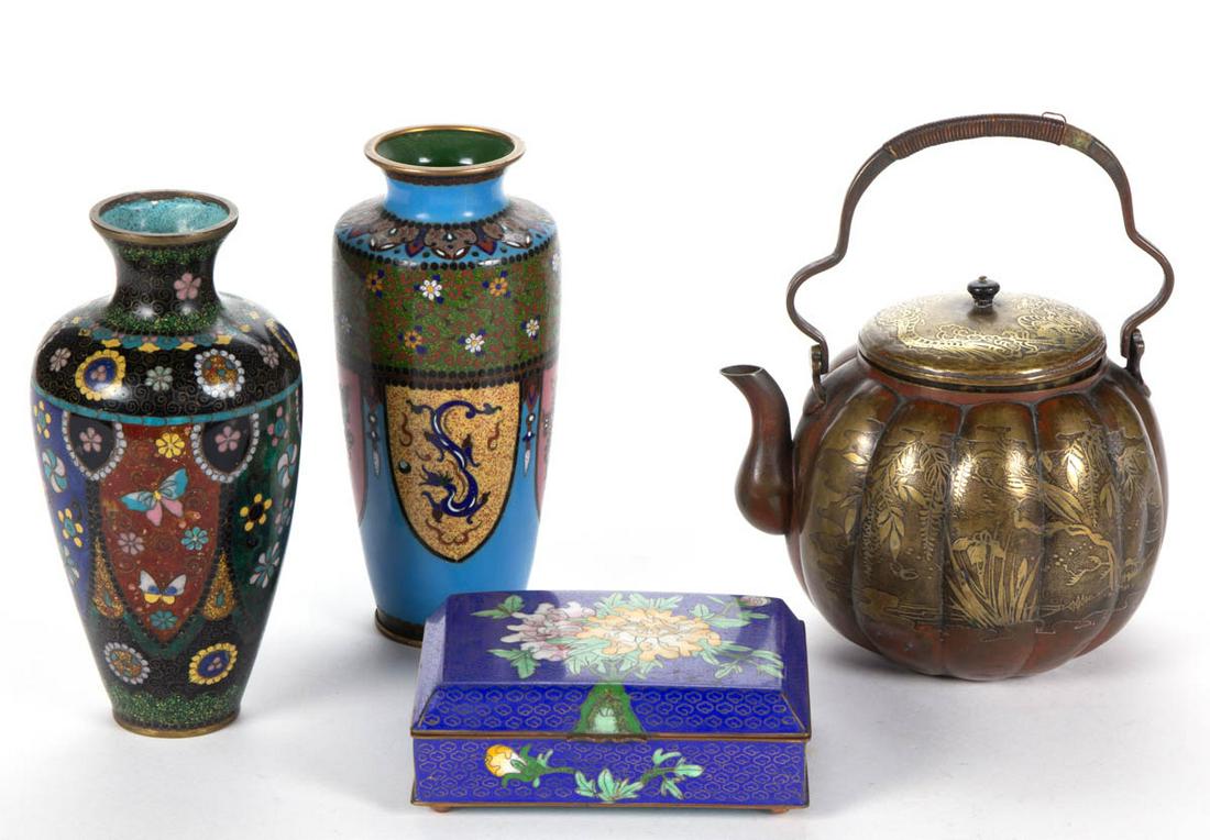 JAPANESE CLOISONNE / MIXED-METAL ARTICLES, LOT OF FOUR: JAPANESE CLOISONNE / MIXED-METAL ARTICLES, LOT OF FOUR, comprising a cloisonne trinket box and two vases, and a tea kettle featuring bird decoration, no markings located. 20th century. Vases 7 1/4" H.
