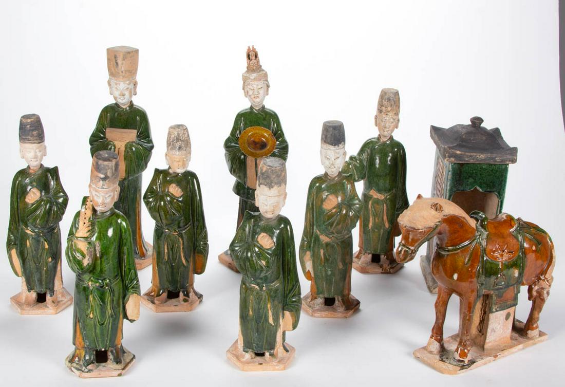 CHINESE EARTHENWARE SANCAI-GLAZED TOMB FIGURES, LOT OF: CHINESE EARTHENWARE SANCAI-GLAZED TOMB FIGURES, LOT OF TEN, each piece having a green and amber glazed finish, comprising a set of eight figures having unattached heads with remnants of pigment, a hor