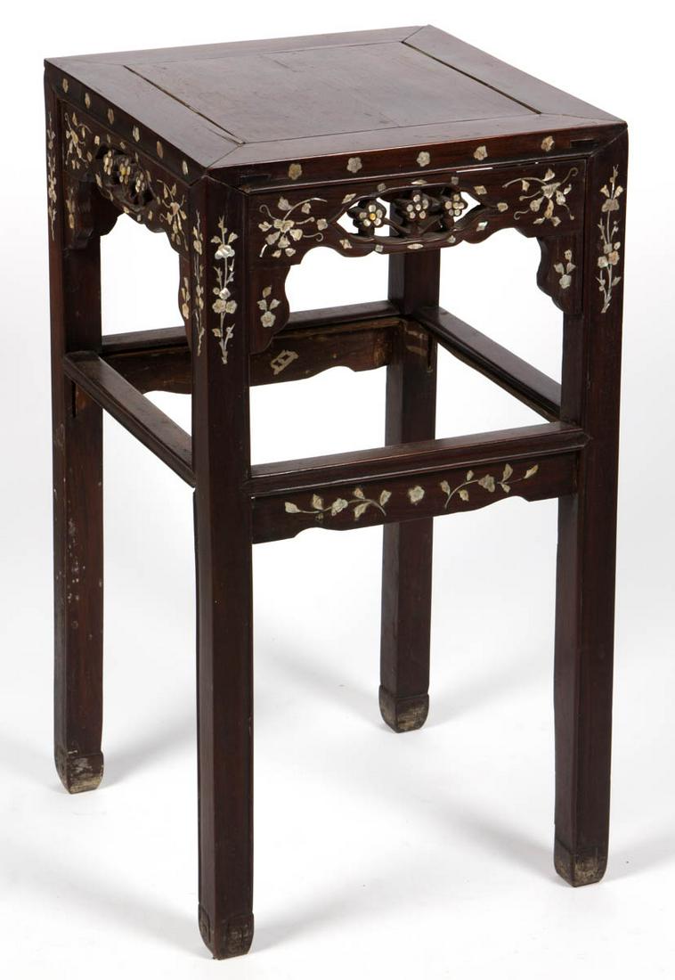 ASIAN INLAID HARDWOOD PLANT STAND / TABLE: ASIAN INLAID HARDWOOD PLANT STAND / TABLE, featuring mother of pearl inlaid decoration with foliate designs, signed to the underside of the table. Old surface with rich color. Fourth quarter 19th/earl