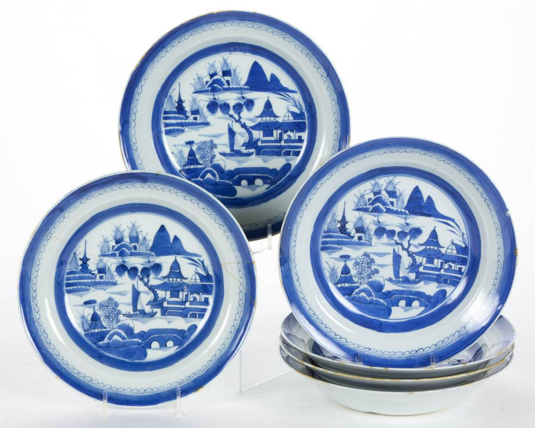 CHINESE EXPORT PORCELAIN CANTON BOWLS, LOT OF SIX: CHINESE EXPORT PORCELAIN CANTON BOWLS, LOT OF SIX, each having blue underglaze hand-painted decoration featuring Canton-styled design and landscapes including houses, a sail boat, and bridge with rain
