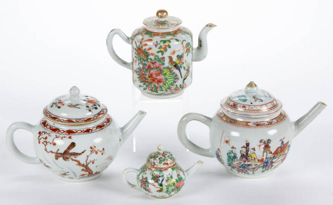 CHINESE EXPORT HAND-PAINTED PORCELAIN TEAPOTS, LOT OF: CHINESE EXPORT HAND-PAINTED PORCELAIN TEAPOTS, LOT OF FOUR, comprising two Rose Medallion examples, one being miniature; one example with figures carousing around a table; and one example having red,