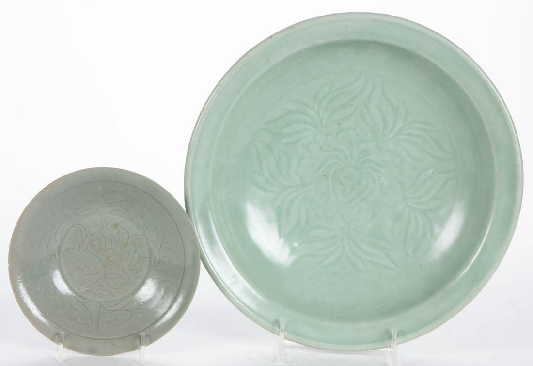 ASIAN CELADON CERAMIC BOWLS, LOT OF TWO: ASIAN CELADON CERAMIC BOWLS, LOT OF TWO, each having light green glaze, comprising a Korean Koryo 6 1/8" D shallow bowl with incised peony decoration to interior; and a large bowl with interior floral
