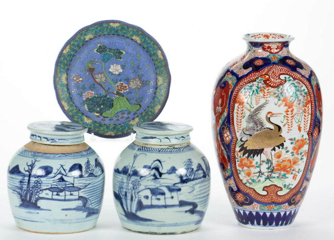 JAPANESE / CHINESE PORCELAIN ARTICLES, LOT OF FOUR: JAPANESE / CHINESE PORCELAIN ARTICLES, LOT OF FOUR, comprising a pair of covered ginger jars having blue hand-painted scene featuring cottages by water with a figure fishing; an Imari-style vase havin