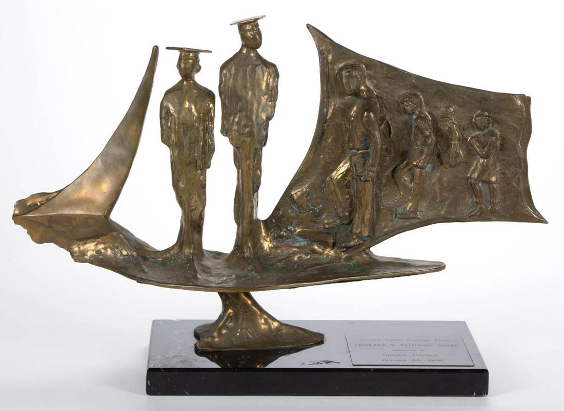 ED DWIGHT (AMERICAN, B. 1933) BRONZE SCULPTURE: ED DWIGHT (AMERICAN, B. 1933) BRONZE SCULPTURE, signed at base, bearing presentation plaque inscribed "UNITED NEGRO COLLEGE FUND / FREDERICK D. PATTERSON AWARD / PRESENTED TO / SIDNEY POITIER / OCTOBE