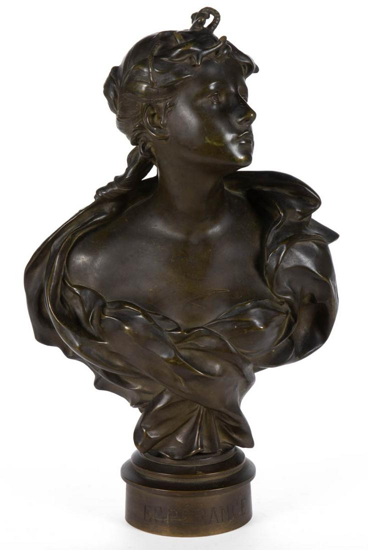 FELIX PIERRE RICHARD (FRENCH, B. 1848) BRONZE BUST OF A: FELIX PIERRE RICHARD (FRENCH, B. 1848) BRONZE BUST OF A WOMAN, titled "ESPERANCE" or "HOPE" at base, signed "F. Richard / Salon des B' Arts" to reverse. Retains a rich patina. Fourth quarter 19th/earl