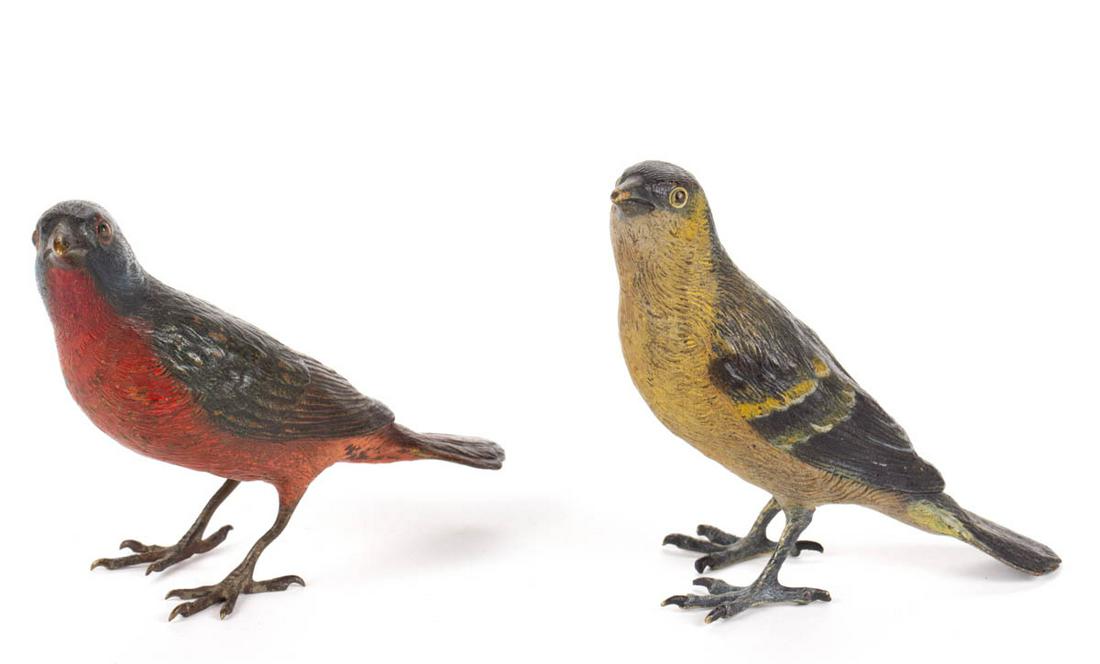 FRANZ BERGMANN (AUSTRIAN, 1861-1936) COLD-PAINTED: FRANZ BERGMANN (AUSTRIAN, 1861-1936) COLD-PAINTED VIENNA BRONZE BIRD FIGURES, LOT OF TWO, each marked to underside of base, retaining original polychrome surface. Late 19th/first quarter 20th century.