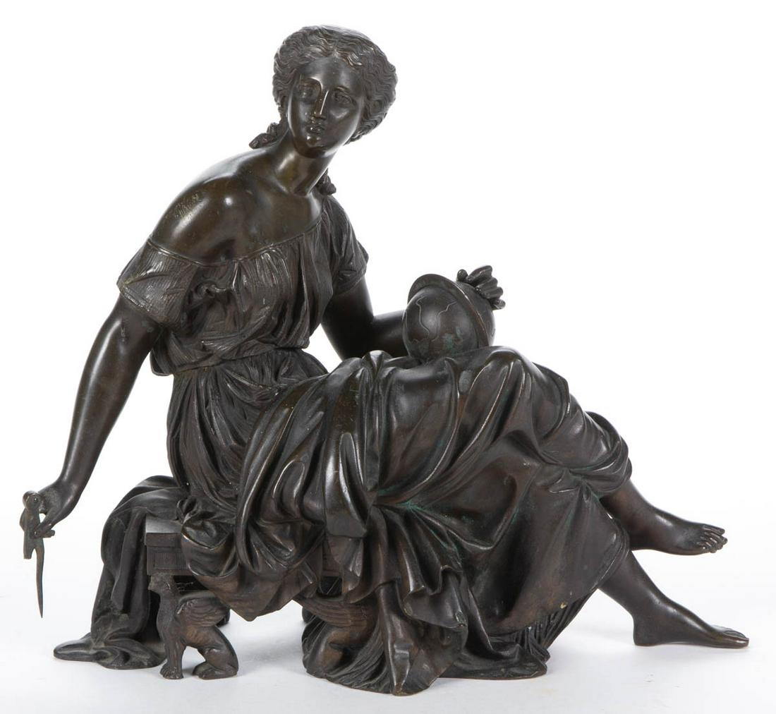 CONTINENTAL BRONZE FIGURE OF A LADY: CONTINENTAL BRONZE FIGURE OF A LADY, seated form in Classical garb, holding a globe and compass, unmarked. Retains a rich, dark patina. Fourth quarter 19th century. 10 1/2" HOA. Loss to compass, figur
