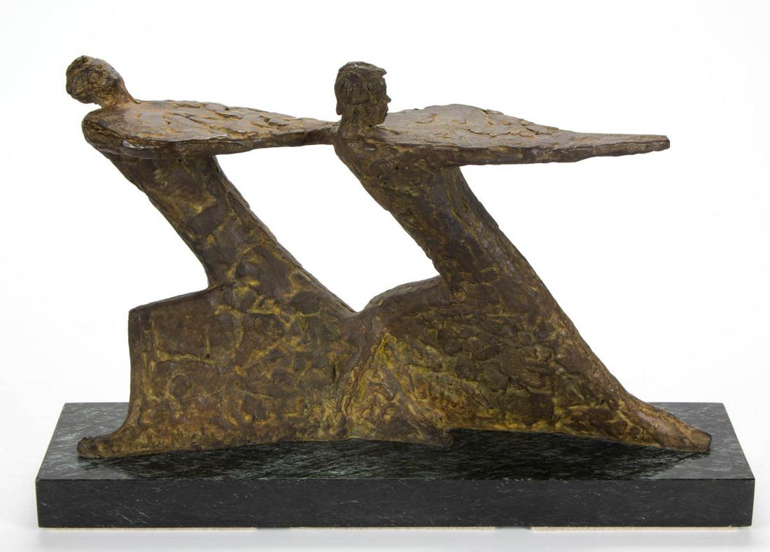 JIMILU MASON (AMERICAN, 1930-2019) MODERNIST SCULPTURE: JIMILU MASON (AMERICAN, 1930-2019) MODERNIST SCULPTURE, clay cast in bronze, depicting "ying and yang" like figures, signed and dated "Jimilu Masonwith 1970" and with foundry mark "Fonderia Luigi Tomm