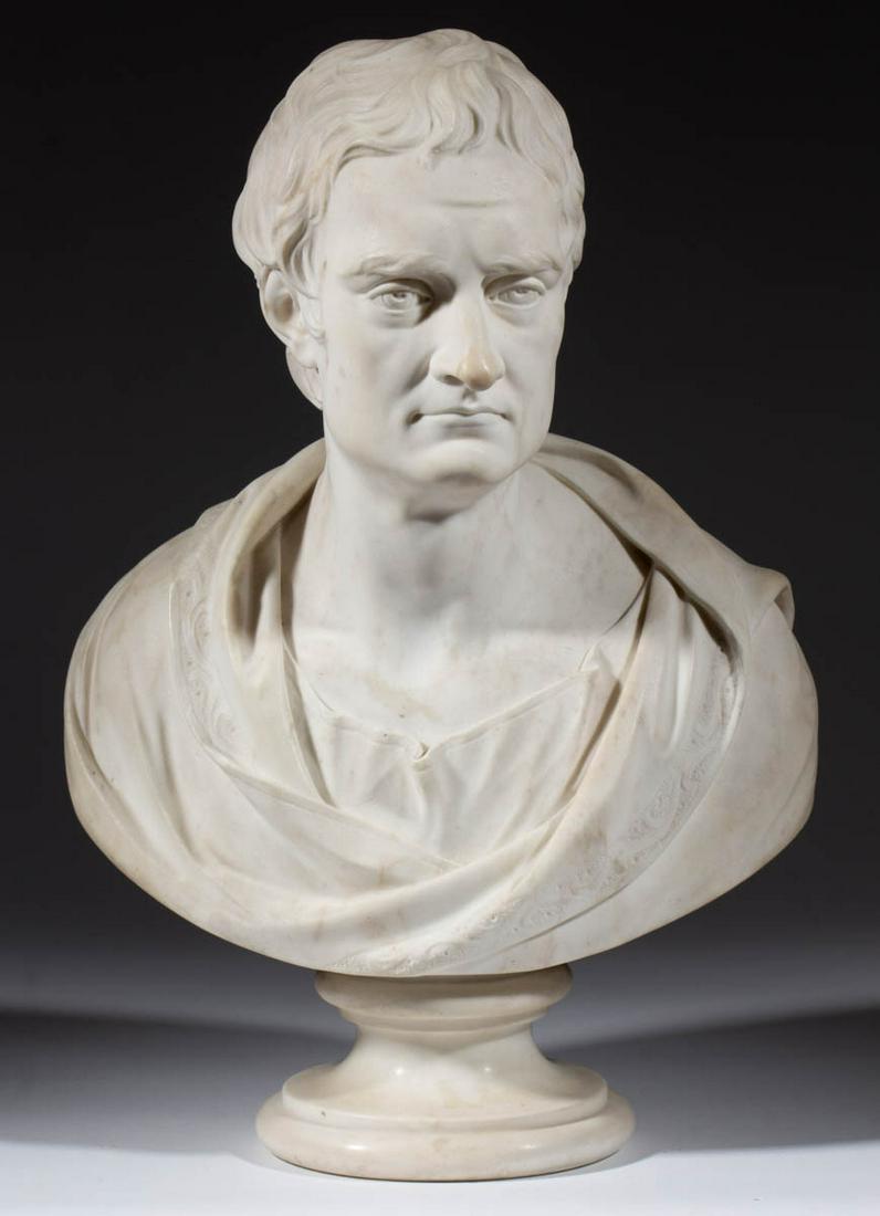 BRITISH OR CONTINENTAL SCHOOL (19TH CENTURY) CARVED: BRITISH OR CONTINENTAL SCHOOL (19TH CENTURY) CARVED MARBLE BUST OF A GENTLEMAN, figure in Classical attire, unsigned. Mid 19th century. 21" HOA.Good overall condition with minor wear and discoloration