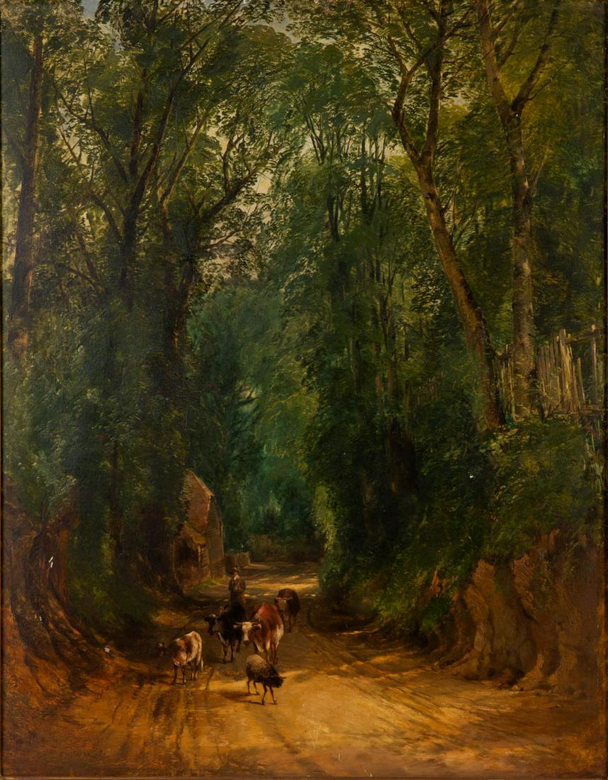 THOMAS JAMES SOPER (BRITISH, 1836-1890) PASTORAL: THOMAS JAMES SOPER (BRITISH, 1836-1890) PASTORAL LANDSCAPE PAINTING, oil on canvas, depicting a farmer driving a small group of cattle along a verdant, forested country road, signed and dated "T. J. S