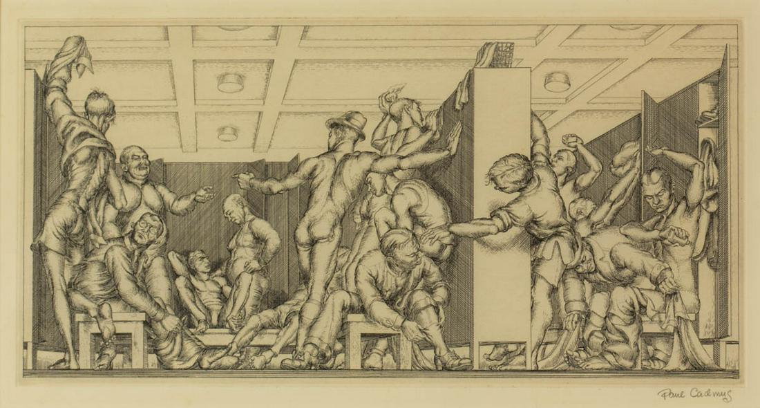 PAUL CADMUS (AMERICAN, 1904-1990) "YMCA LOCKER ROOM": PAUL CADMUS (AMERICAN, 1904-1990) "YMCA LOCKER ROOM" ETCHING, pencil signed lower right, inscribed in lower margin obscured by matting "Y.M.C.A. Locker Room - Edition of 50 - $12.00", partial BFK RIVE