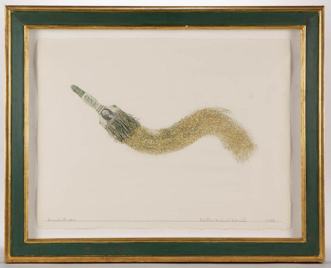 BARTON LIDICE BENES (1942-2012) "BRUSHSTROKE" MIXED: BARTON LIDICE BENES (1942-2012) "BRUSHSTROKE" MIXED MEDIA COMPOSITION, pencil signed, titled, and dated in lower margin. Housed in a custom shadowbox-style frame. 1983. 30 1/4" x 37 3/4" OA.Excellent