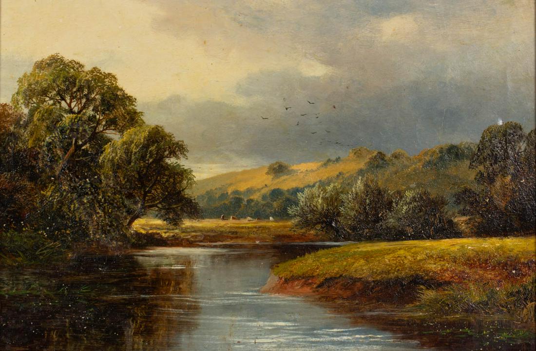 BRITISH SCHOOL (19TH CENTURY) LANDSCAPE PAINTING: BRITISH SCHOOL (19TH CENTURY) LANDSCAPE PAINTING, oil on canvas, a fine depiction of a winding river flowing through a hilly setting, cattle grazing in a distant field, signed lower right, on original