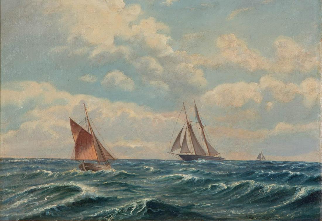 AMERICAN OR EUROPEAN SCHOOL (19TH CENTURY) NAUTICAL: AMERICAN OR EUROPEAN SCHOOL (19TH CENTURY) NAUTICAL SCENE, oil on canvas, signed indistinctly lower right. Housed in possibly original gilt frame with molded-composition ornament. Fourth quarter 19th 