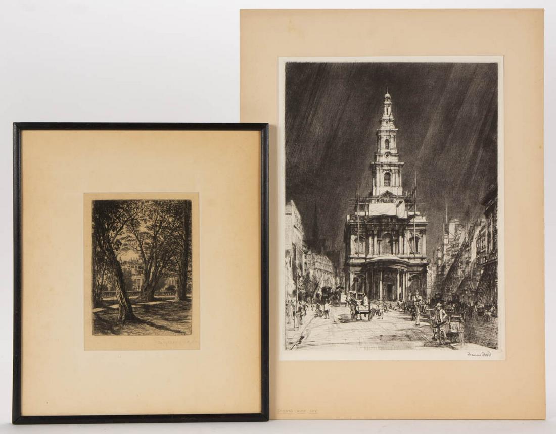 ANTIQUE BRITISH ETCHINGS, LOT OF TWO: ANTIQUE BRITISH ETCHINGS, LOT OF TWO, comprising Seymour Haden "Kensington Gardens", and Francis Dodd "Strand (With Sky) ", each signed respectively in pencil in the lower right hand corner. Haden exa