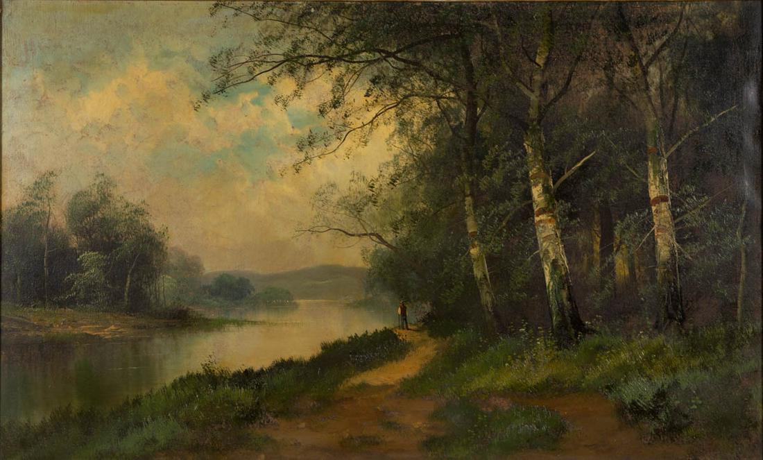 AMERICAN OR EUROPEAN SCHOOL (LATE 19TH / EARLY 20TH: AMERICAN OR EUROPEAN SCHOOL (LATE 19TH / EARLY 20TH CENTURY) LANDSCAPE PAINTING, oil on canvas, depicting birch trees, and a figure standing near a lake, no signature located. Housed in likely origina