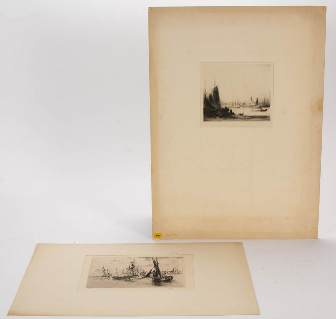 ASSORTED HARBOR SCENE ETCHINGS, LOT OF TWO: ASSORTED HARBOR SCENE ETCHINGS, LOT OF TWO, comprising a Paul Jeffay (French, 1898-1957), and the other with in illegible signature, each respectively signed in the lower right hand corner. Unframed. 