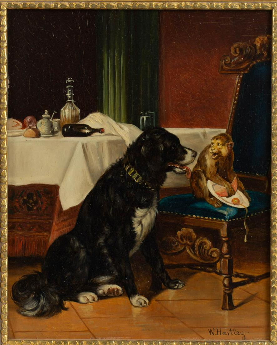 AMERICAN OR BRITISH SCHOOL (19TH CENTURY) GENRE SCENE: AMERICAN OR BRITISH SCHOOL (19TH CENTURY) GENRE SCENE, oil on panel, depicting black dog and a monkey holding a piece of fruit at a disturbed kitchen table, signed in the lower right corner "W Hartley