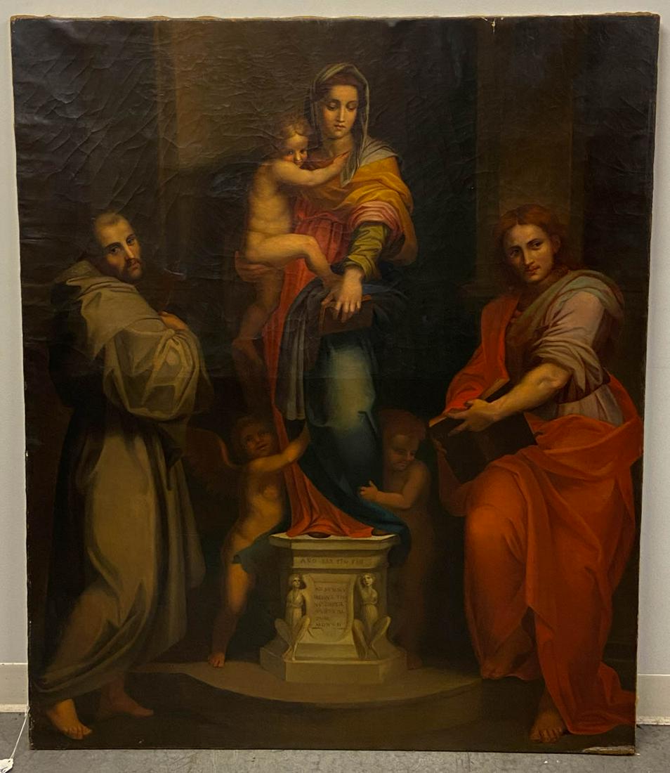 AFTER ANDREA DEL SARTO (ITALIAN, 1486-1530) "MADONNA OF: AFTER ANDREA DEL SARTO (ITALIAN, 1486-1530) "MADONNA OF THE HARPIES" OLD MASTER-STYLE PAINTING, oil on canvas, depicting the Virgin Mary holding the infant Jesus on a pedestal. Housed in an elaborate 