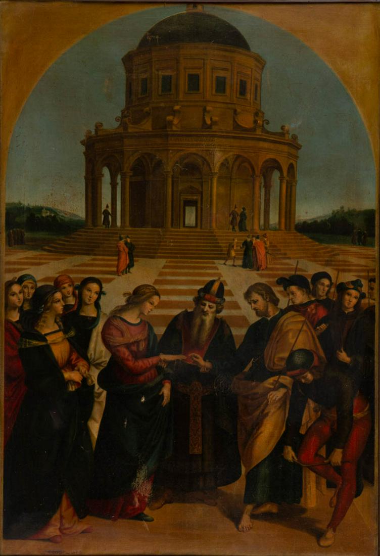 EUROPEAN SCHOOL OLD MASTER-STYLE PRINT: EUROPEAN SCHOOL OLD MASTER-STYLE PRINT, after Raphael Sanzio (Italian, 1483-1520) "The Marriage of the Virgin". Housed in a wooden frame. 20th century. 44 1/2" x 32" OA. Good overall visual condition,