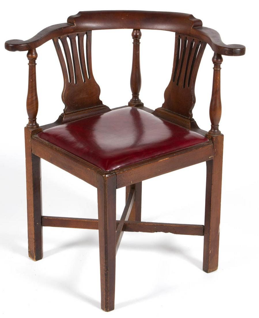 GEORGIAN MAHOGANY SMOKING / CORNER CHAIR: GEORGIAN MAHOGANY SMOKING / CORNER CHAIR, with D-shaped rail. Old surface with warm color. Late 18th/early 19th century. 30" H, 19 1/4" H seat, 18" corner.Good overall condition, scattered minor to mo