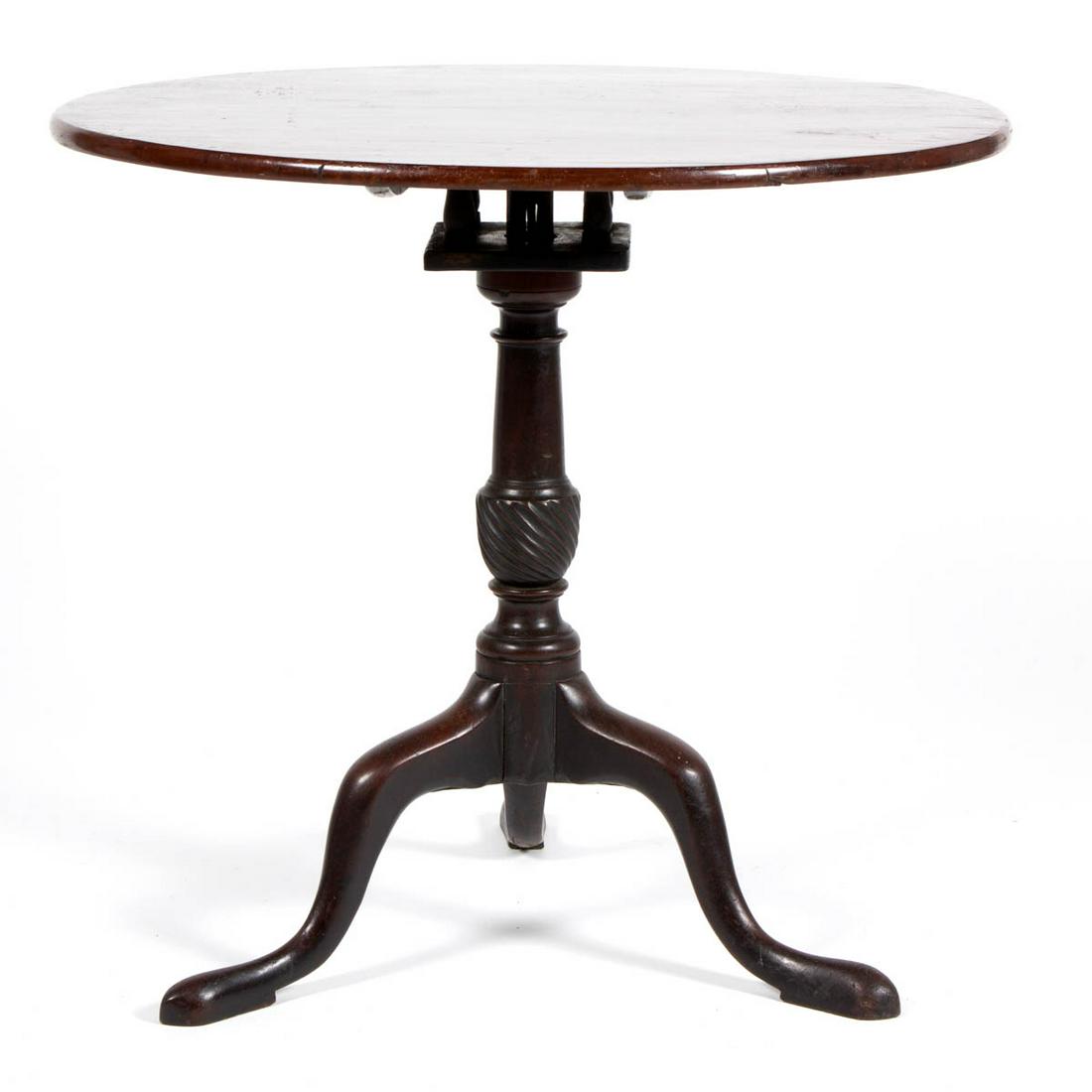 AMERICAN OR ENGLISH MAHOGANY TILT-TOP TEA TABLE: AMERICAN OR ENGLISH MAHOGANY TILT-TOP TEA TABLE, top with battens fastened to underside, connected to a box having four baluster-turned supports, above a baluster-turned standard raised on a tripod ba