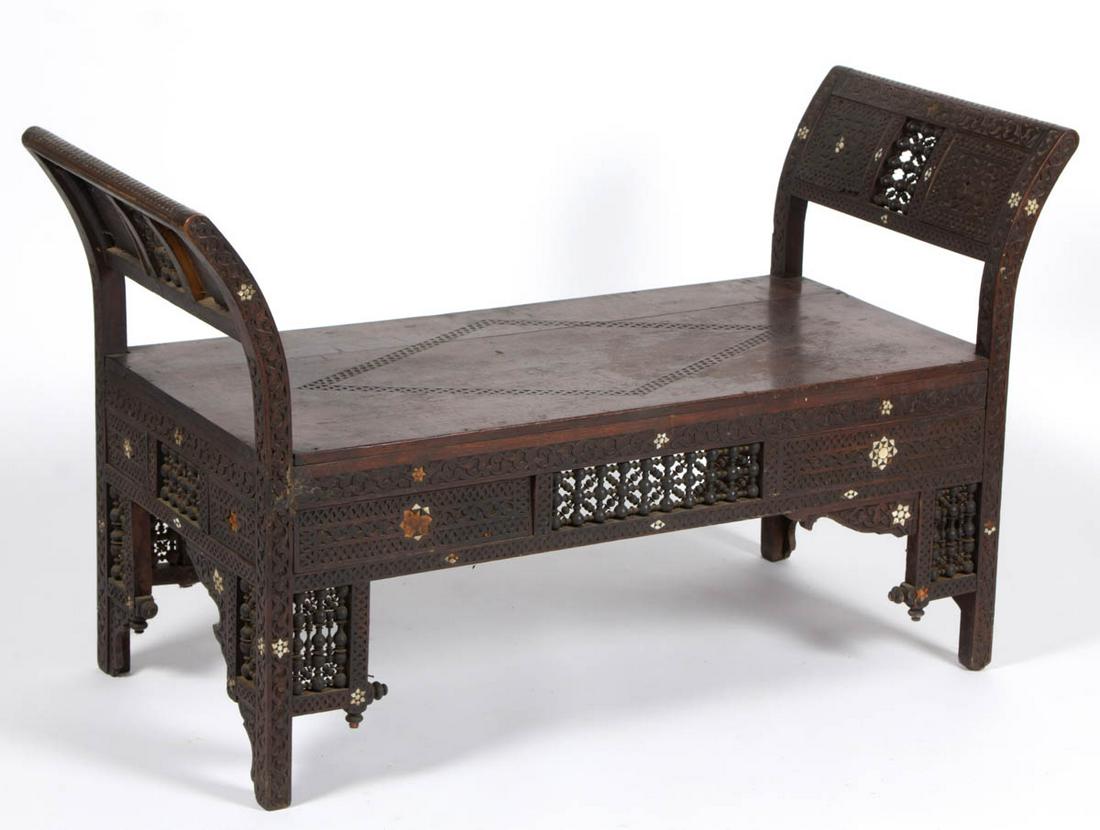 SYRIAN CARVED AND INLAID HARDWOOD BENCH / WINDOW SEAT: SYRIAN CARVED AND INLAID HARDWOOD BENCH / WINDOW SEAT, seat with carved geometric diamond, and with mother of pearl inlay in the form of stars. Retains likely original surface with warm color. Circa 1