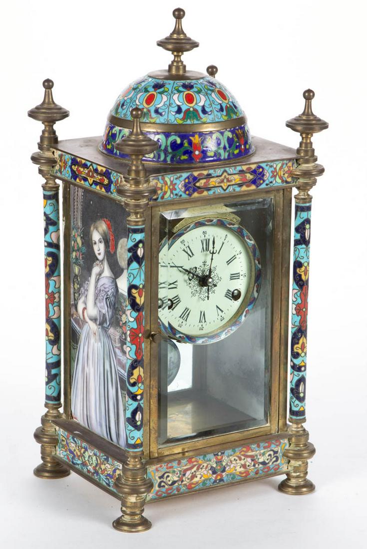 CONTINENTAL CLOISONNE SHELF CLOCK: CONTINENTAL CLOISONNE SHELF CLOCK, brass frame with enamel-on-copper portrait end panels and polychrome enameled decoration throughout, two hinged doors set with beveled glass, enameled dial, pendulum