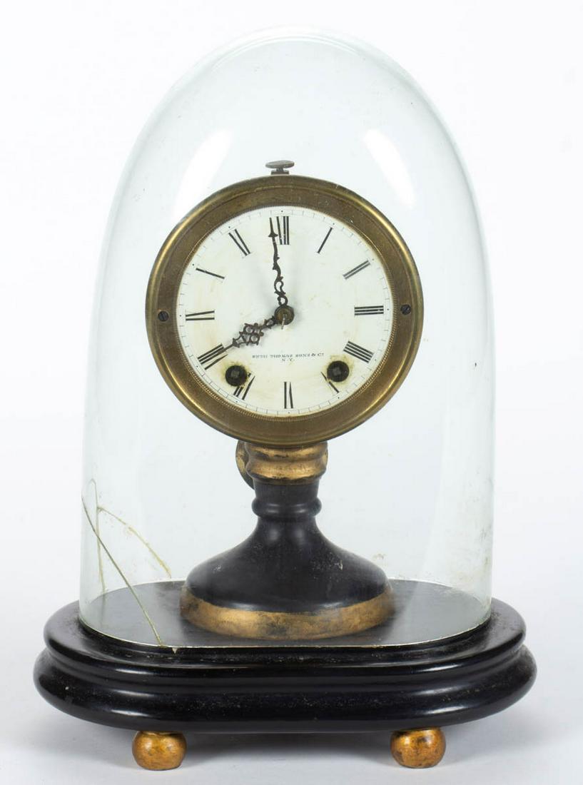 SETH THOMAS SONS & CO., NEW YORK NO. 5001 DOME CLOCK: SETH THOMAS SONS & CO., NEW YORK NO. 5001 DOME CLOCK, with porcelain dial marked "SETH THOMAS SONS & Co. / N.Y.", back of dial and pendulum with matching serial numbers "322698", likely later glass do
