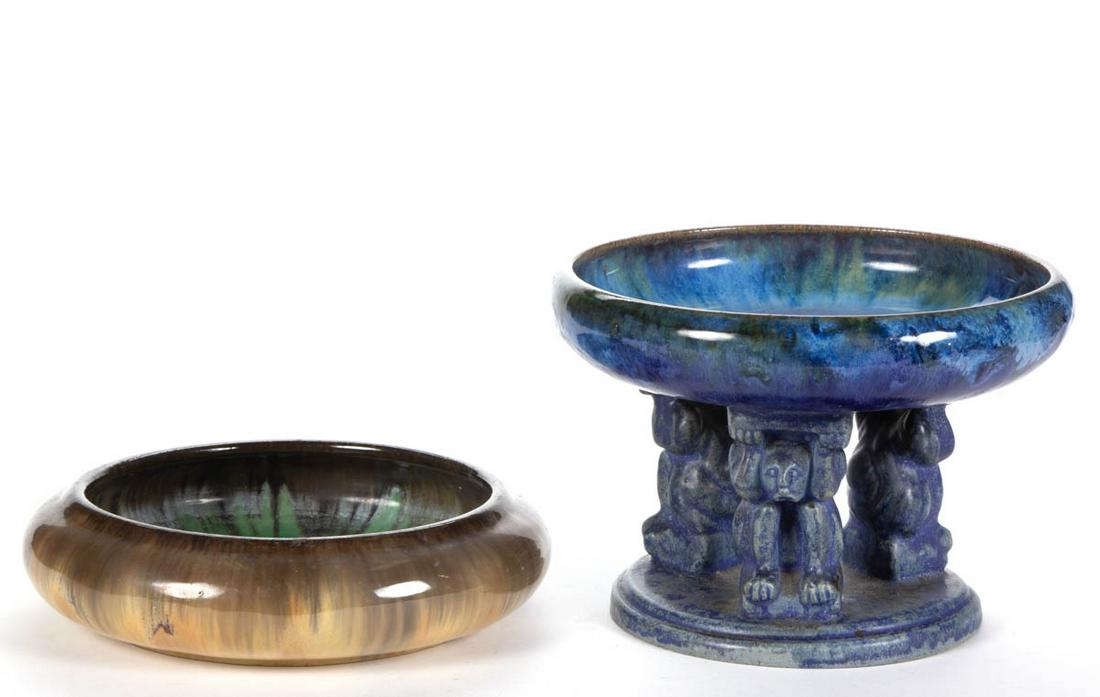AMERICAN FULPER ART POTTERY ARTICLES, LOT OF TWO: AMERICAN FULPER ART POTTERY ARTICLES, LOT OF TWO, comprising a flower bowl/compote having three molded effigy figures squatting on a circular base with mottled blue glaze olive green splashes to rim, 