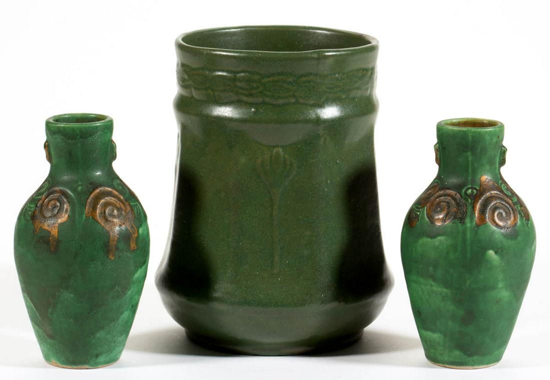 AMERICAN ART POTTERY GREEN-GLAZED VASES, LOT OF THREE: AMERICAN ART POTTERY GREEN-GLAZED VASES, LOT OF THREE, comprising a pair featuring incised copper-colored circular spiral marks to shoulders with impressed "MANSEI" to lower edge, and an octagonal pan