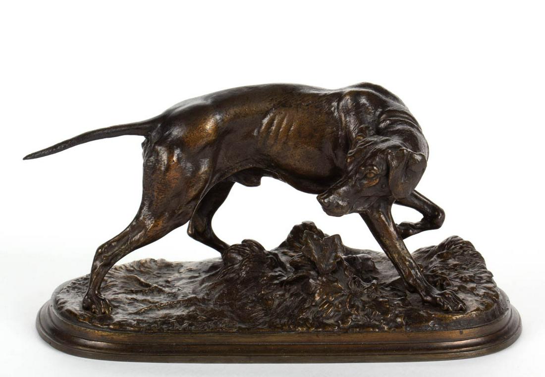AFTER PIERRE-JULES MENE (FRENCH, 1810-1879) BRONZE: AFTER PIERRE-JULES MENE (FRENCH, 1810-1879) BRONZE FIGURE OF A DOG, signed "P.J. MENE", no foundry marks located. Retains a rich surface color. Late 19th/first quarter 20th century. 4 1/2" HOA.Very go