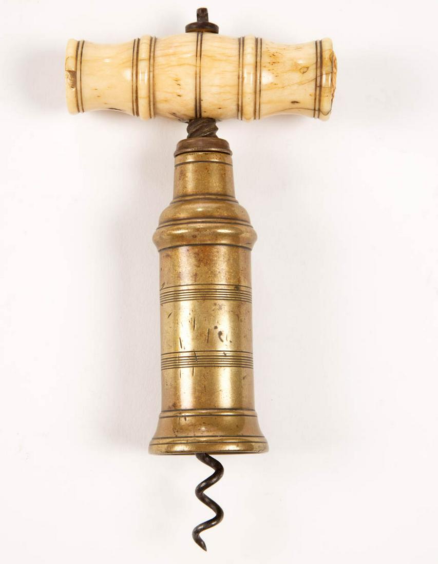 ENGLISH THOMASON TYPE CORKSCREW: ENGLISH THOMASON TYPE CORKSCREW, featuring bone handle, and brass barrel, no markings located. 19th century. 6 1/4" H closed. Very good as-found condition, minor to moderate chip to bone handle, and w