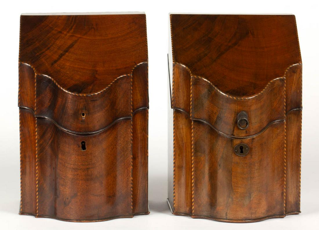 PAIR OF GEORGIAN INLAID MAHOGANY CUTLERY / KNIFE BOXES: PAIR OF GEORGIAN INLAID MAHOGANY CUTLERY / KNIFE BOXES, each with inlaid edging, serpentine front with slanting hinged lid, concealing fitted interior, and six-point star inlaid design. Each retain an