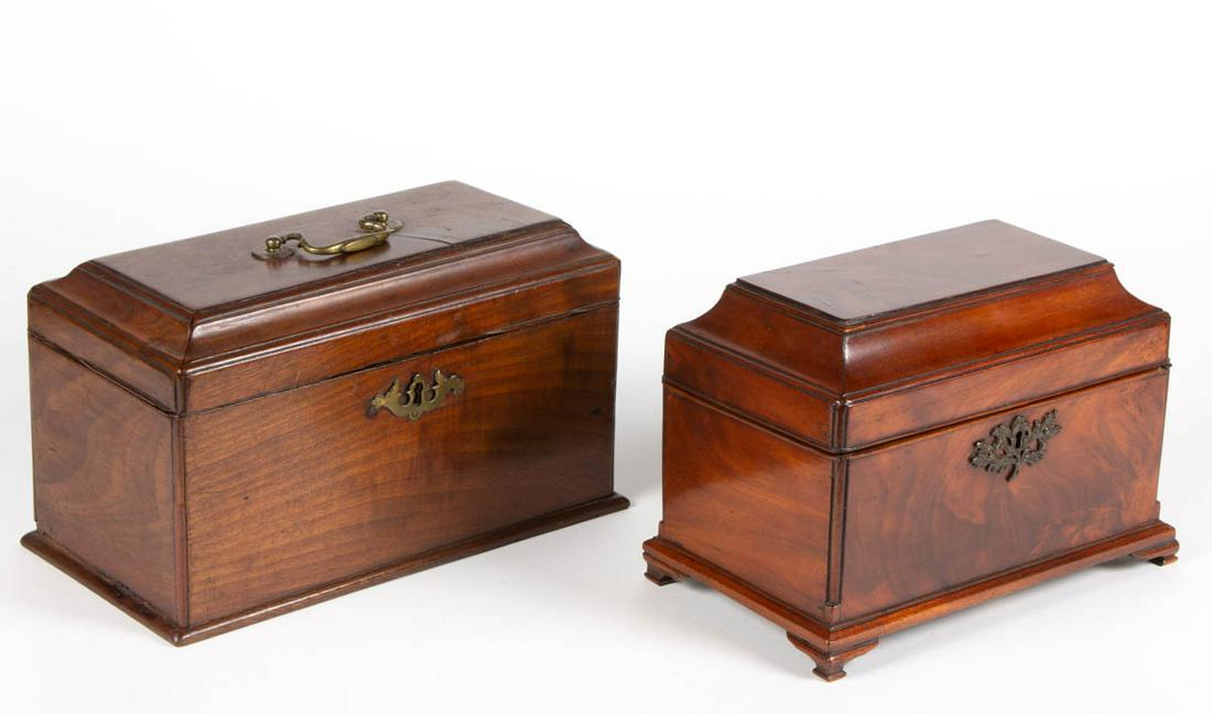 ENGLISH MAHOGANY TEA CADDIES, LOT OF TWO: ENGLISH MAHOGANY TEA CADDIES, LOT OF TWO, each with hinged lid, comprising one with three removable tin compartments with brass pulls, and another with likely original cover with brass knobs. Old surf