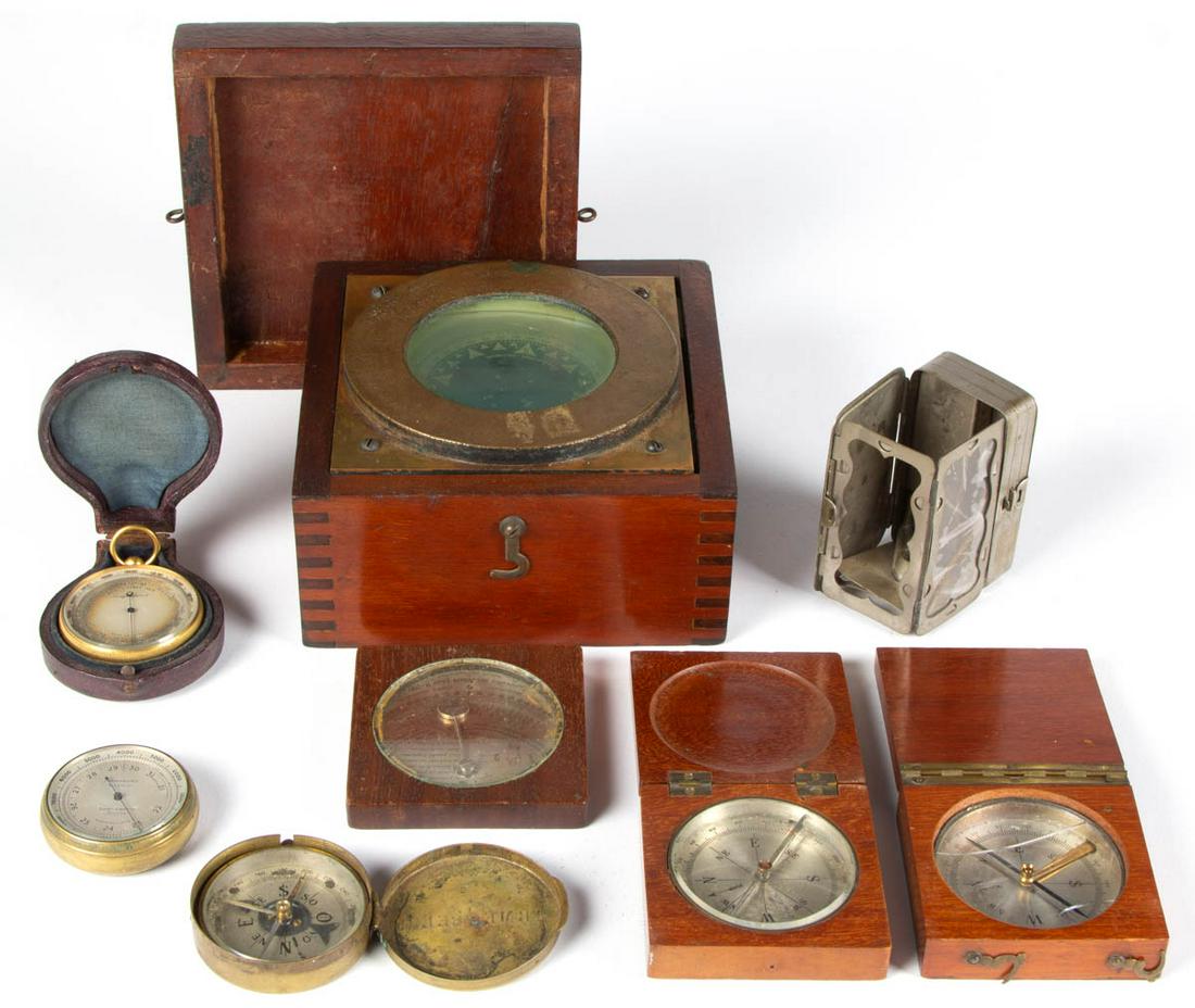 ASSORTED MILITARY / NAUTICAL ARTICLES, LOT OF SEVEN: ASSORTED MILITARY / NAUTICAL ARTICLES, LOT OF SEVEN, comprising "ARME BELGE" compass, clinometer by "Balbreck, Paris", two pocket barometers including one with case, "John E. Hand and Sons" compass, "