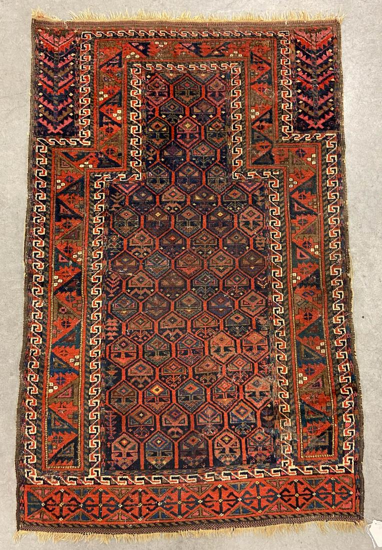 ANTIQUE CAUCASIAN PRAYER RUG: ANTIQUE CAUCASIAN PRAYER RUG, field with bold colors and geometric designs. Late 19th/early 20thcentury. 4' 8" x 3'. Very good overall condition, scattered minor losses, scattered losses and fraying t