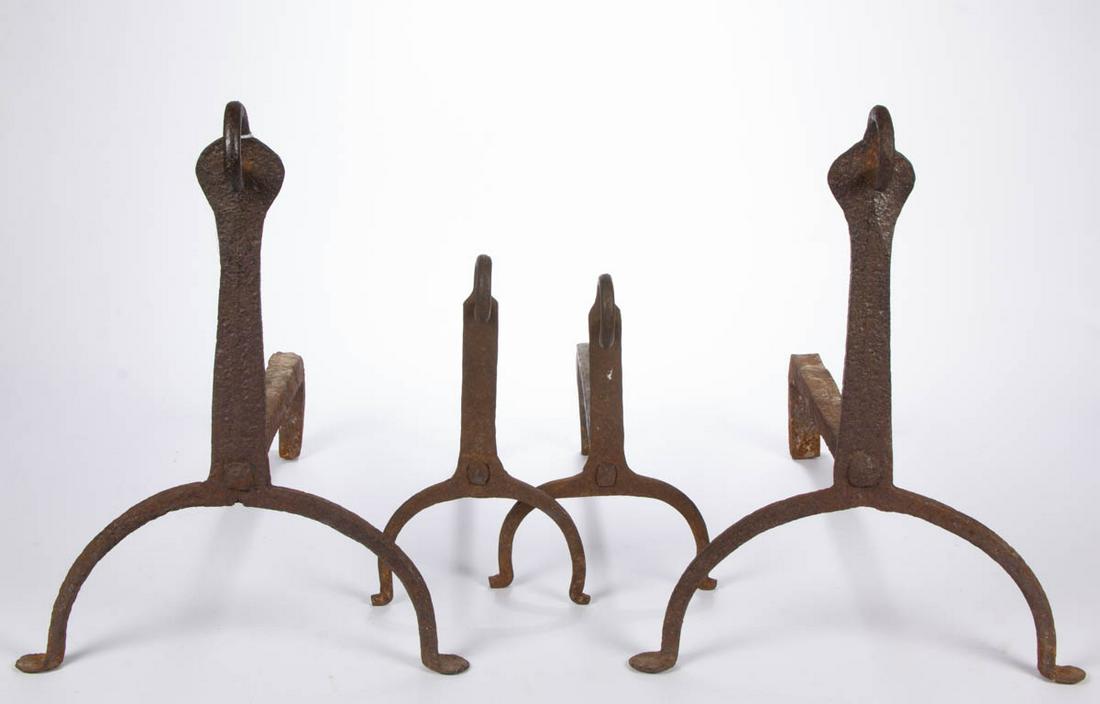 WROUGHT-IRON HEARTH ANDIRONS, LOT OF TWO PAIR (1 of 2)