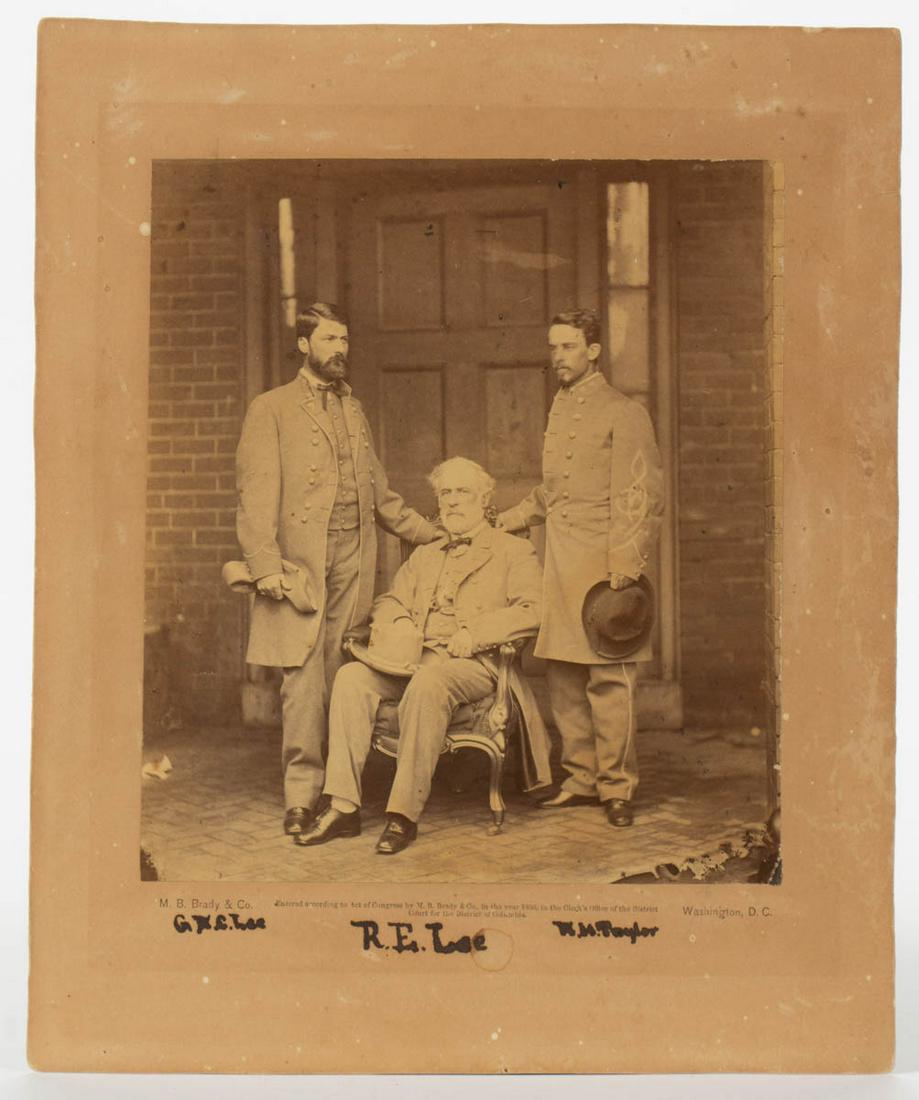 SCARCE MATTHEW BRADY (AMERICAN, 1822-1896) PHOTOGRAPH: SCARCE MATTHEW BRADY (AMERICAN, 1822-1896) PHOTOGRAPH OF ROBERT E. LEE AND STAFF, albumen print on cardstock, old ink inscription in lower margin under figures "G. W. C. Lee / R. E. Lee / W. H. Taylor