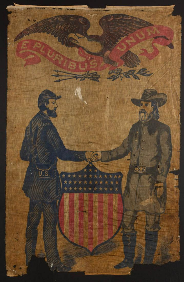 CENTENNIAL / CIVIL WAR VETERANS REUNION BANNER: CENTENNIAL / CIVIL WAR VETERANS REUNION BANNER, printed illustration on fabric, depicting a Union solider shaking a Confederate soldier's hand in a sign of unity. Bald Eagle with "E PLURIBUS UNIUM" ba