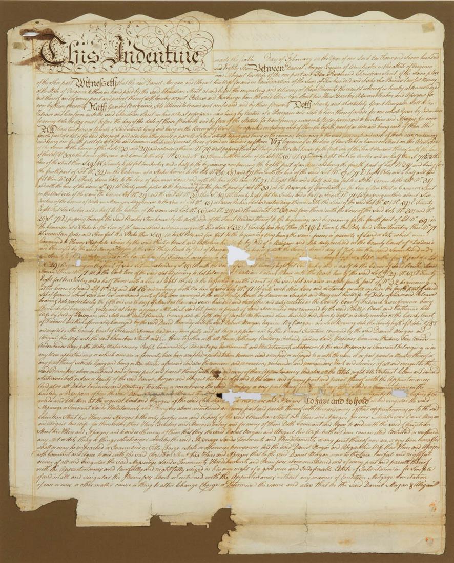 DANIEL MORGAN (WINCHESTER, SHENANDOAH VALLEY OF: DANIEL MORGAN (WINCHESTER, SHENANDOAH VALLEY OF VIRGINIA) SIGNED MANUSCRIPT INDENTURE, ink on paper, for the sale of a lot in the "borough of Winchester" by Daniel and Abigail Morgan to Rev. Christian