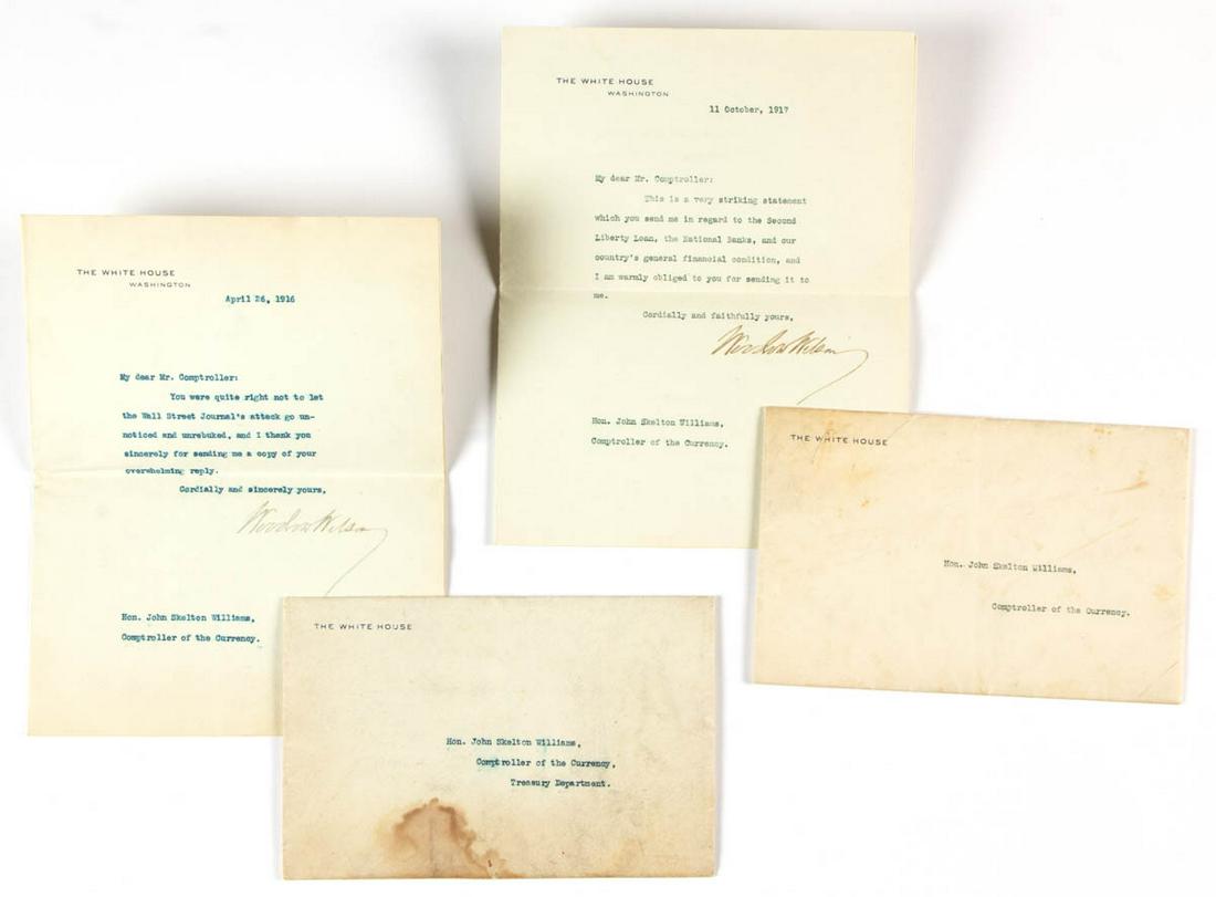 U. S. PRESIDENT WOODROW WILSON SIGNED LETTERS, LOT OF: U. S. PRESIDENT WOODROW WILSON SIGNED LETTERS, LOT OF TWO, each typed on White House stationary and signed in ink, addressed to the "Hon. John Skelton Williams / Comptroller of the Currency", bearing