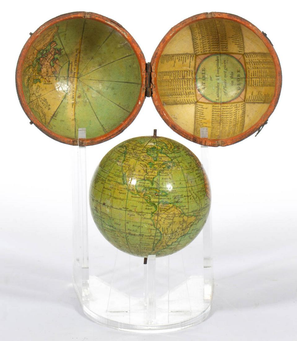 CARYâ€™S POCKET GLOBE WITH SHAGREEN CASE: CARY’S POCKET GLOBE WITH SHAGREEN CASE, terrestrial globe, case labeled on one half with a map entitled "The WORLD as it was known in CAESAR’S time / agreeable to D’Anville", the other half with