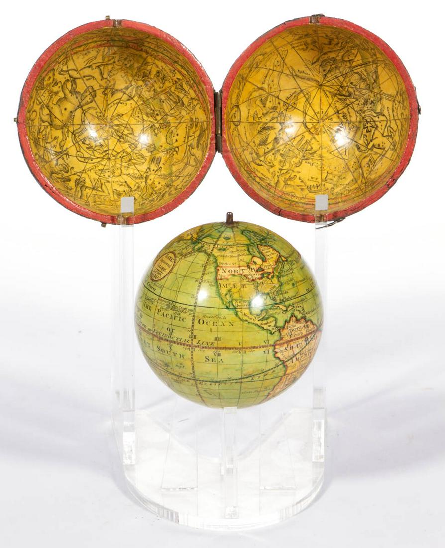 LANE'S POCKET GLOBE WITH SHAGREEN CASE: LANE'S POCKET GLOBE WITH SHAGREEN CASE, terrestrial globe, titled "LANE's / Improved / GLOBE. / LONDON", interior of case featuring celestial gores depicting constellations such as Ursa Major, Leo, Sc