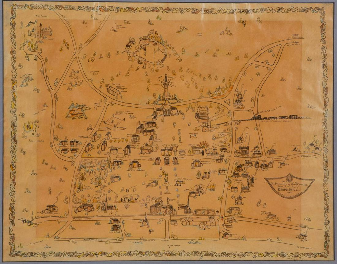 UNIVERSITY OF NORTH CAROLINA CAMPUS MAP: UNIVERSITY OF NORTH CAROLINA CAMPUS MAP, hand-colored lithograph, after the original drawing by Mary C. Dirnberger, titled "The Campus of the University of North Carolina located in the village of Cha